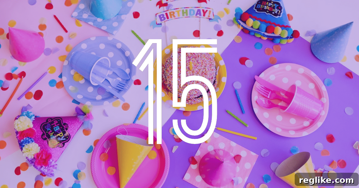 Domain Name Wire Celebrates Fifteen Years 2 The number 15 overlayed over birthday items including a cupcake, hat and plates