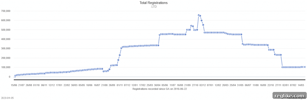 .ltd Domains: The Next Big Thing for Businesses 3 A chart showing the number of .ltd domains registered. It peaked at over 600,000 and is now about 100,000