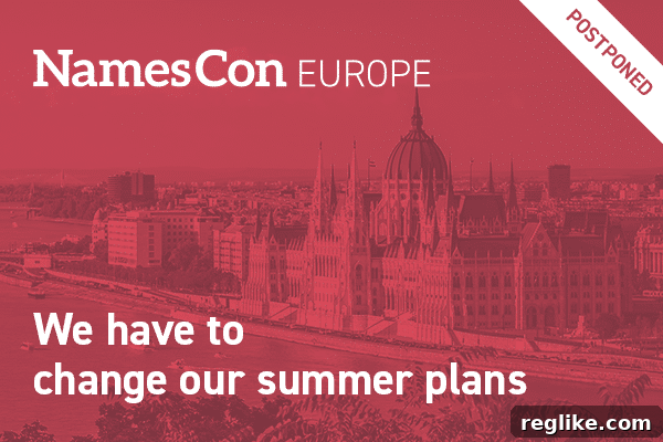 NamesCon Europe Postpones, Explores Virtual Horizons 2 A graphic showing that NamesCon Europe has been postponed, with a new date and location specified.