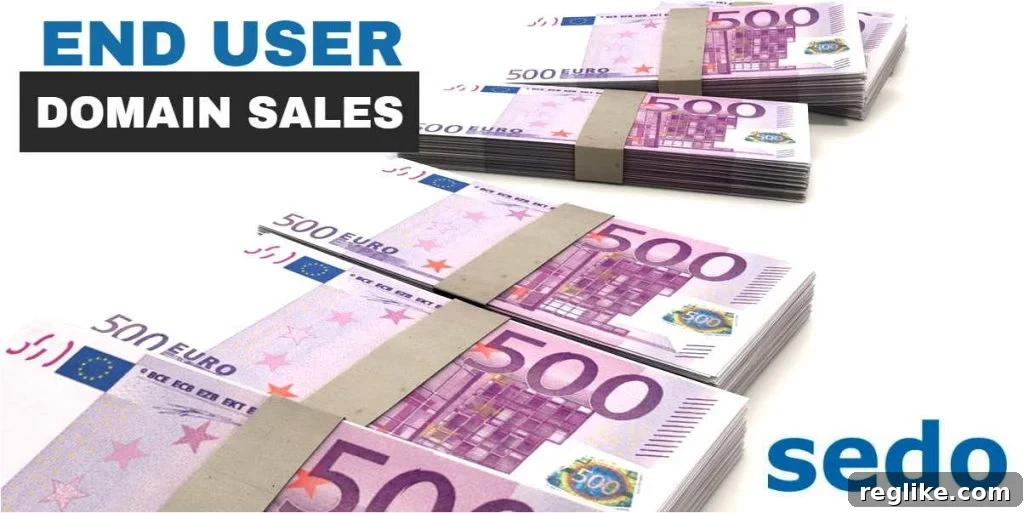 End-User Domain Sales Soar to $180,000 2 Picture of bundles of 500 euro notes with the words "End User Domain Sales" and the logo for Sedo
