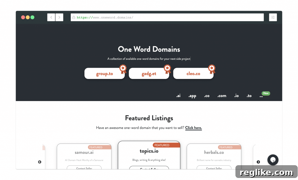OneWord.Domains Expands Domain and Feature Options 2 Screenshot of oneword.domains website