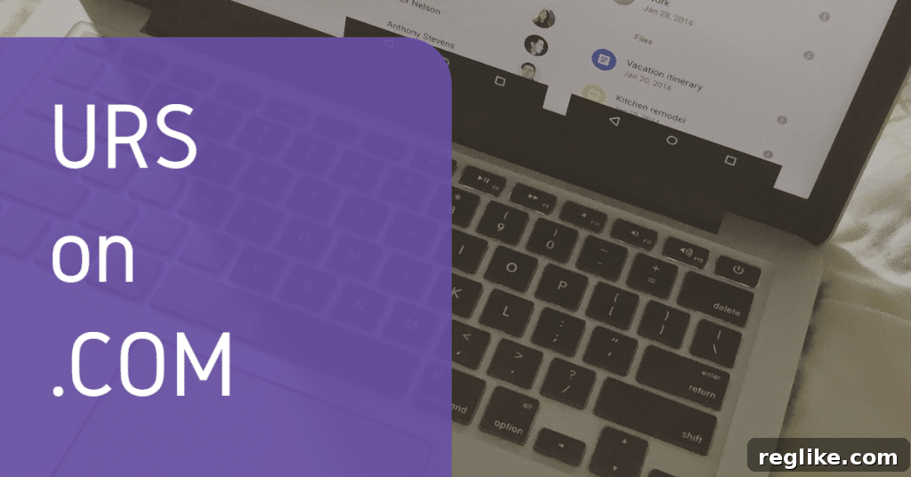 A laptop screen displaying "URS on .COM" in white letters on a purple callout, symbolizing the integration of Uniform Rapid Suspension for .COM domains.
