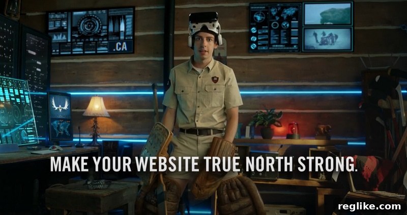 Canada's Quirky .ca Ads Make a Comeback 2 Still from a TV commercial for .ca domains shows a Mountie officer with hockey gear and a virtual reality headset