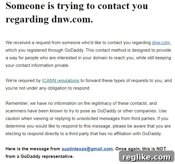 Domain Appraisal Scammers Target GoDaddy's Latest Contact System 3 Picture of a GoDaddy email template, showing an inquiry about a domain name, used by scammers to initiate contact with domain owners.