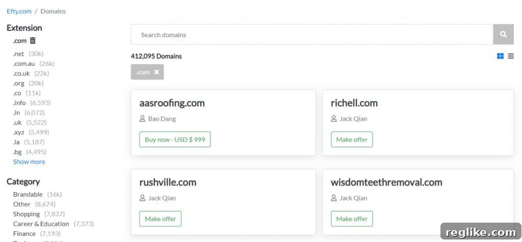 Efty Elevates Domain Name Trading with New Marketplace 2 A comprehensive screenshot of the new Efty domain name marketplace interface, showcasing search filters, domain listings, and key features designed for efficient browsing and discovery of premium domain names for sale.
