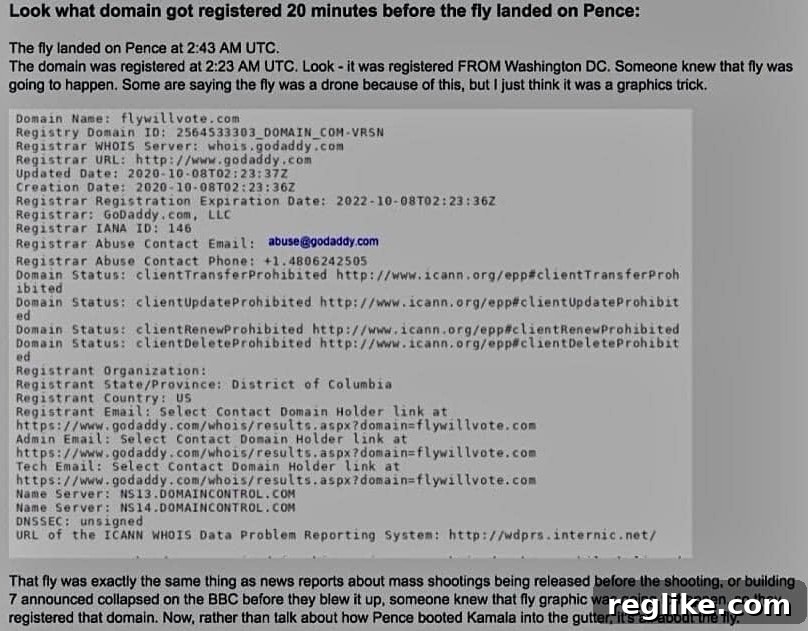 Unraveling the FlyWillVote.com Conspiracy 2 Screenshot of a conspiracy theory making the rounds regarding a fly on Mike Pence's head and the FlyWillVote.com domain registration date.