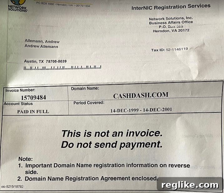 Domain Investing's Footprints: Tracing the Past 2 A copy of a Network Solutions receipt from 1999