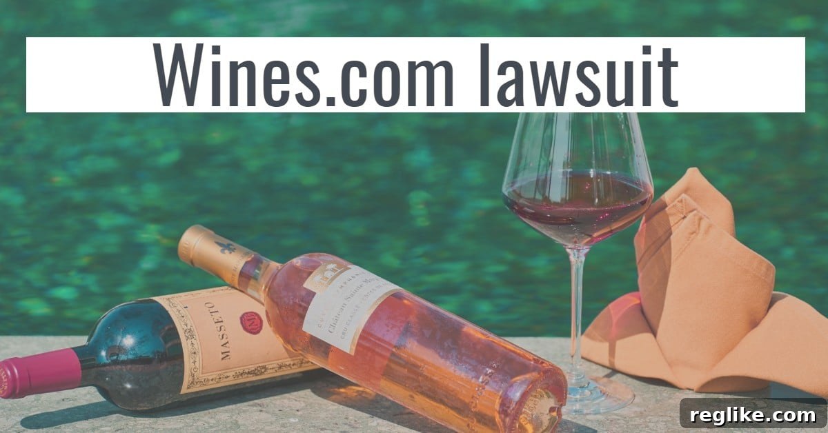 Woman Alleges Exploitation in Winescom Sale 2 Picture of two bottles of wine and a glass of wine next to a pool with the words "wines.com lawsuit"