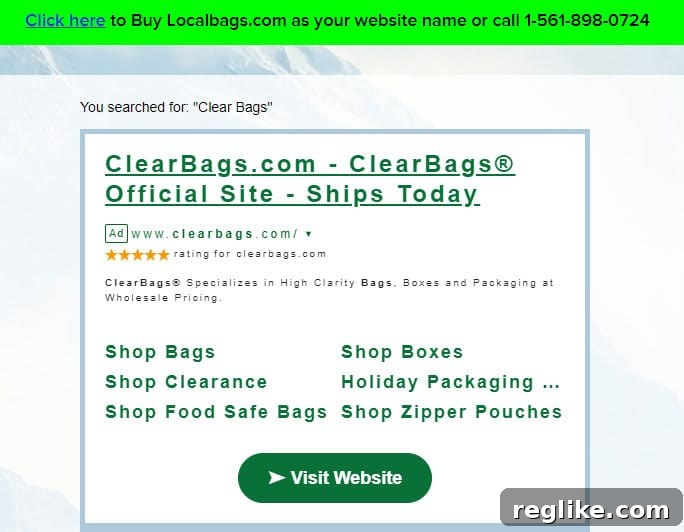 Smart Domain Parking: Simplicity Sells 2 A landing page ad for a Uniregistry parked domain shows an ad for clear bags