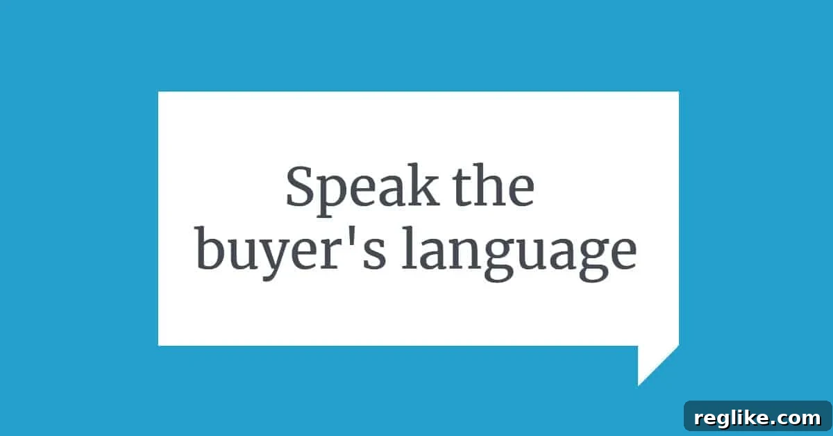 A blue background with a white quote bubble and the words 'Speak the buyer's language' - A conceptual image emphasizing the importance of understanding customer needs in domain sales and branding.