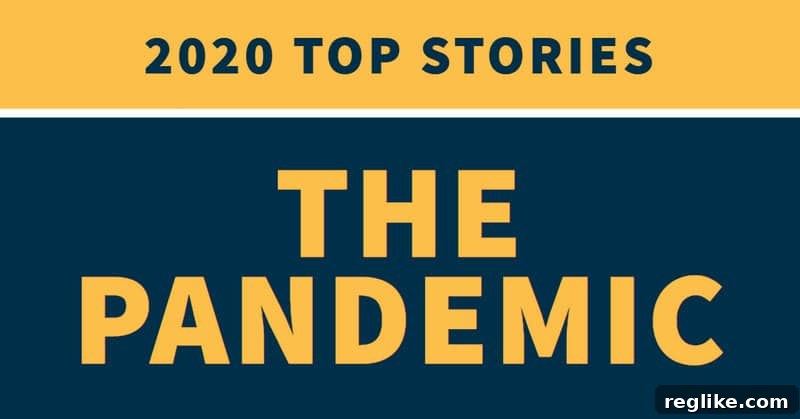 2020 The Pandemic's Impact 2 2020 Top Stories: The Pandemic in stylized font on yellow and blue background, symbolizing the year's defining global event