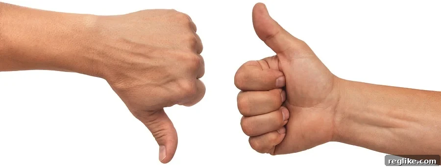 My Domain Pruning Strategy 2 A visual representation of decision-making, with one hand giving a thumbs down and another giving a thumbs up, symbolizing the keep or delete choice in domain portfolio management.