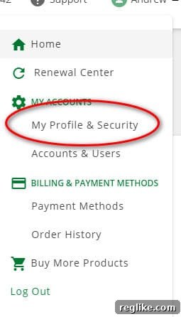 Merging Network Solutions and Register.com Accounts 2 Screenshot of a dropdown menu in Network Solutions, highlighting "My Profile & Security" option.
