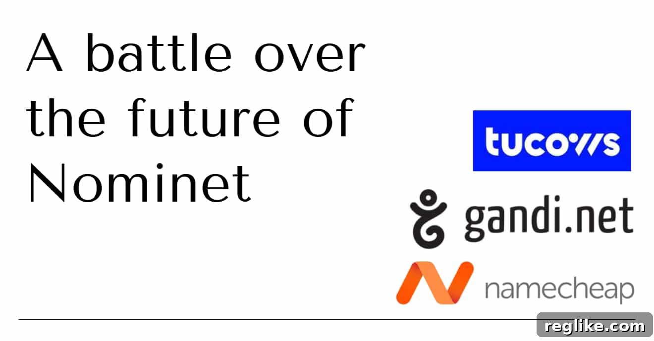 Tucows Champions Nominet UK Initiative 2 Graphic with black text "A battle over the future of Nominet" with logos for Tucows, Gandi and Namecheap