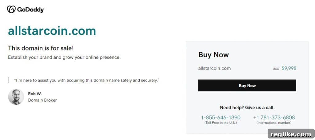 GoDaddy Brand Equity for Domainers 2 Image of GoDaddy buy now lander for allstarcoin, showcasing the instant purchase option
