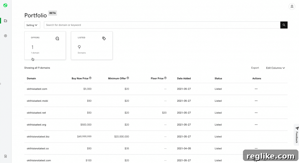 Afternic Unveils Beta Enhancements 2 Screenshot of Afternic's new seller dashboard showing domains for sale and prices
