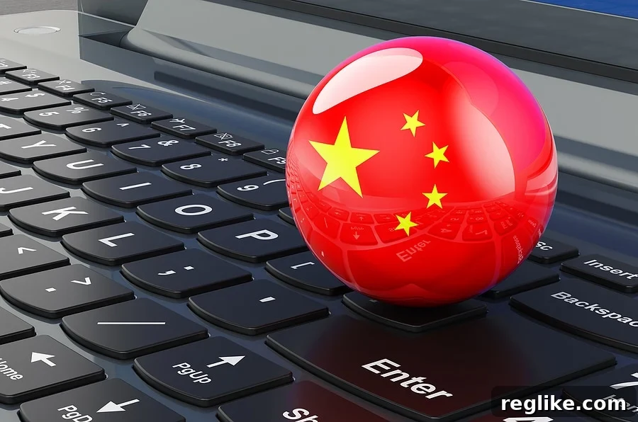 Picture of a laptop computer with a red ball with the Chinese emblem on it