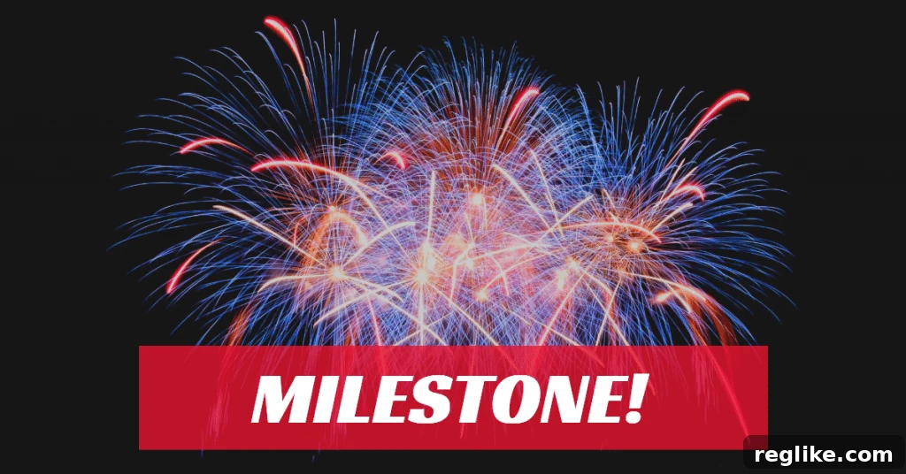 Picture of red, blue and yellow fireworks with the word "milestone" in white letters on a red background.