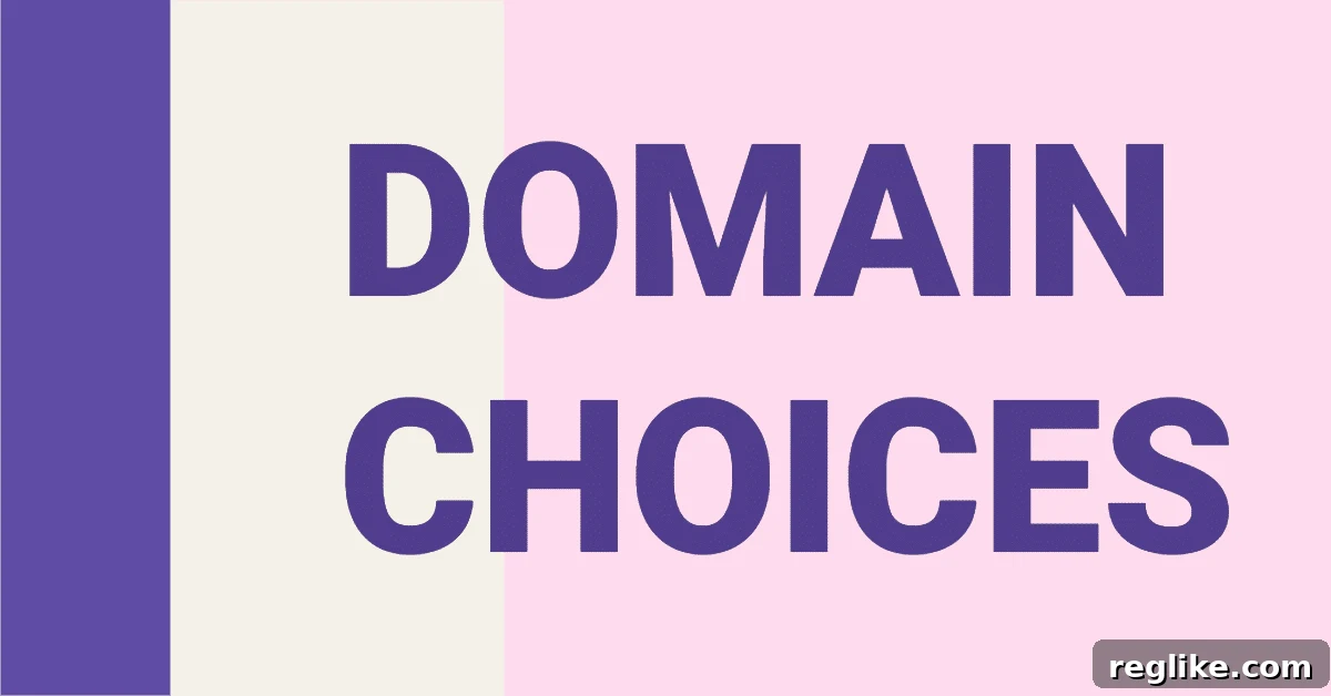 Graphic with purple, cream and pink colors with the words "domain choices" in purple