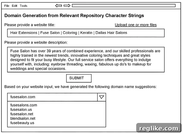 GoDaddy Patents Smart Domain Creation From Free Text 2 Graphic from GoDaddy patent application shows company data with suggested domain names