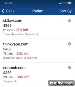 Screenshot of the GoDaddy Radar feature in the GoDaddy Investor app, showcasing a list of domain auctions ending soon with filters and bid counts.