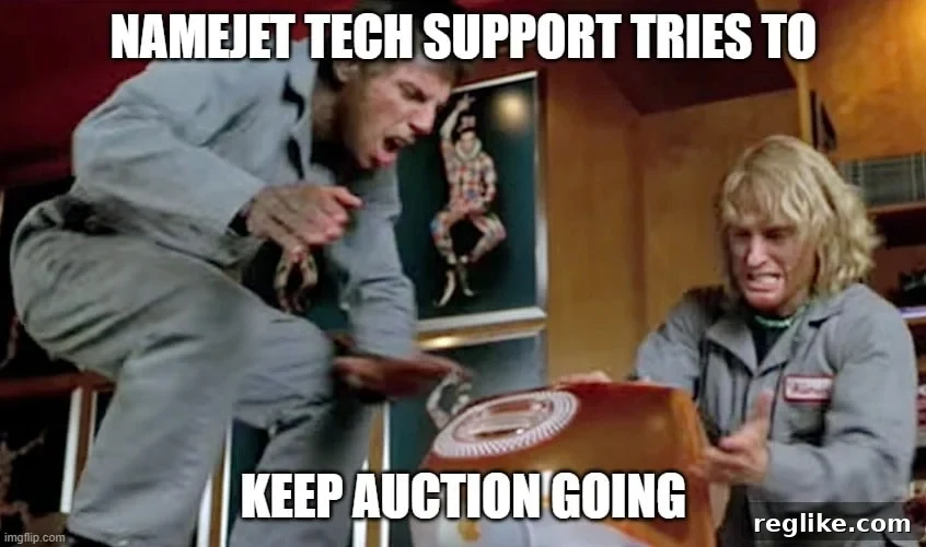 NameJet/SnapNames Restarts Auctions Following Technical Glitches 2 Picture from Zoolander with Owen Wilson pointing to mac computer with the words "namejet tech supports tries to keep auction going"