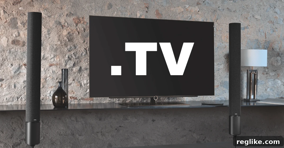 GoDaddy Snags .TV Contract, Verisign Bows Out 2 A modern flat panel TV screen displaying the text '.TV', flanked by two sleek sound bars, symbolizing the powerful connection between the .TV domain and digital video content.