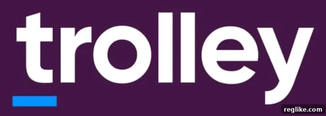 Payment Rails Transforms to Trolley, Debuts Trolley.com 2 Logo for Trolley.com has white letters on a purple background and a blue underscore under the letter t
