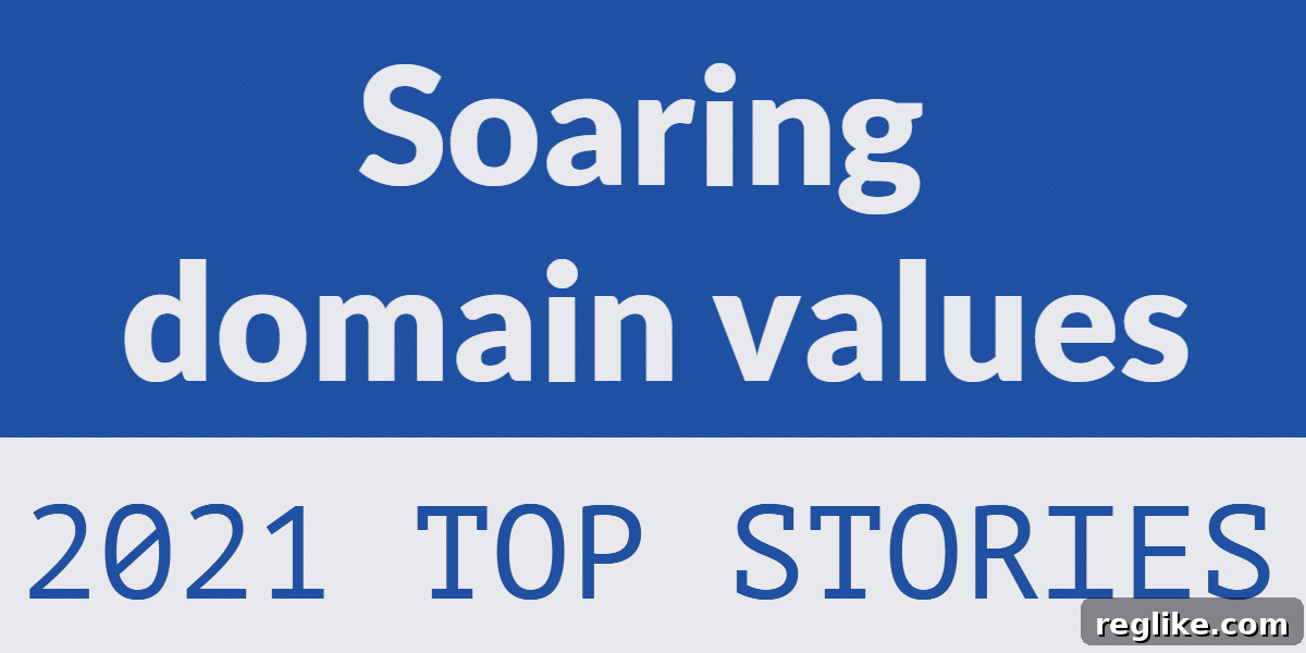 Digital Goldrush Domain Values of 2021 2 Graphic with the words "soaring domain values" and "2021 top stories" emphasizing the rapid increase in domain name worth