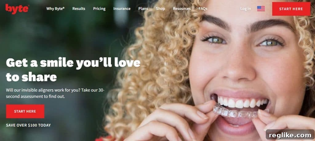 Dental Aligner Brand Byte Acquires Byte.com Domain 2 Screenshot of byteme.com showing a women putting in an invisible aligner