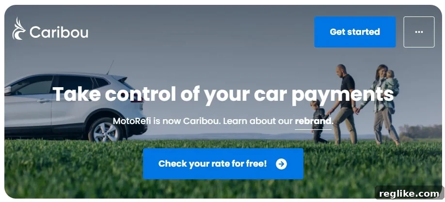 GoCaribou.com Owner Acquires Caribou.com 2 Screenshot from Caribou.com showing people walking to a car with the words "take control of your car payments"