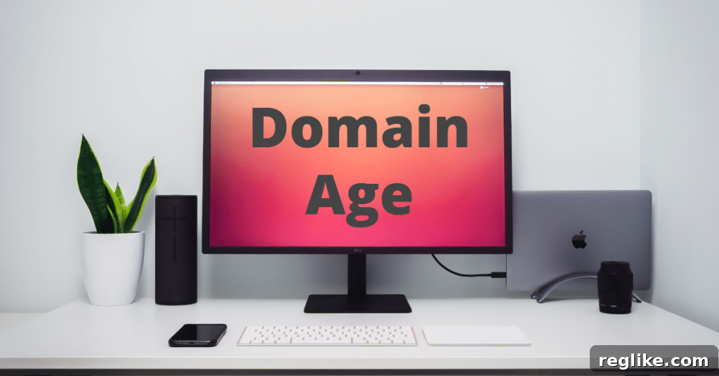A computer monitor displaying "Domain Age" as a security metric, symbolizing the importance of domain registration date in web security.