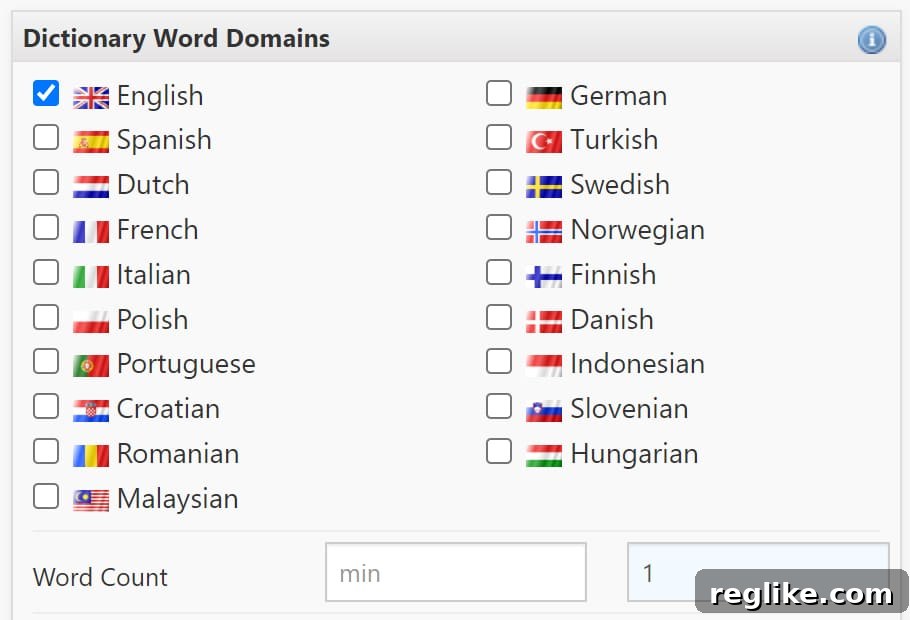 Unlock Prime One-Word Domains Using ExpiredDomains.net 3 Picture of ExpiredDomains.com Dictionary Words box showing English language and one word max