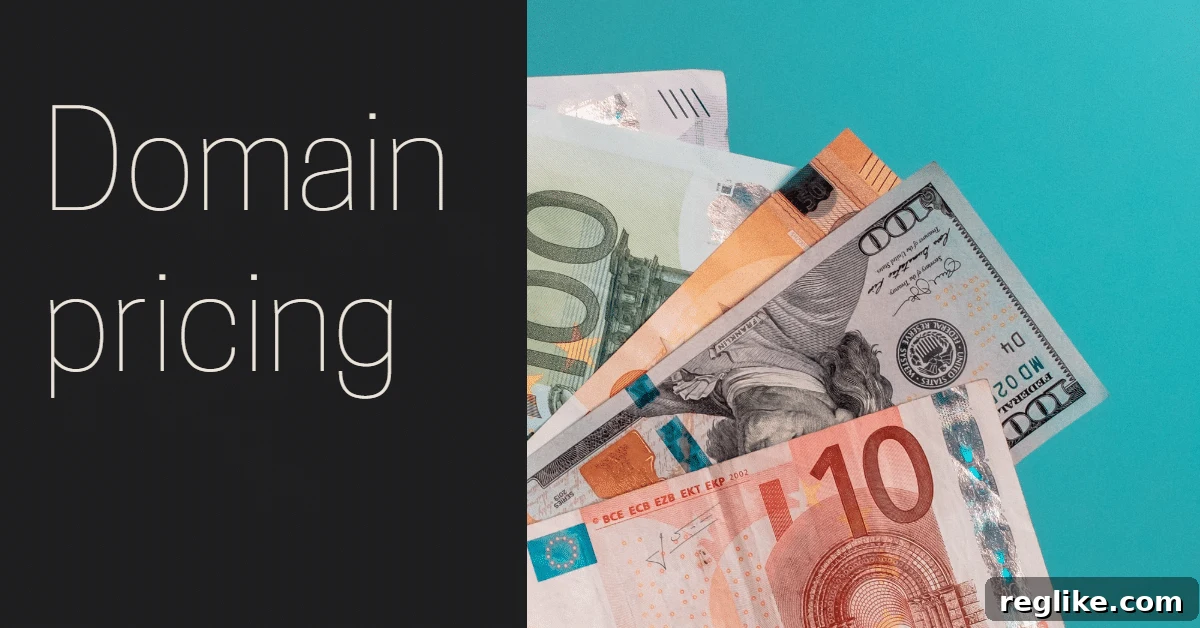 Decoding Registrar Aftermarket Domain Pricing 2 "Domain pricing" in white letters on black background next to blue background with banknotes in various currencies