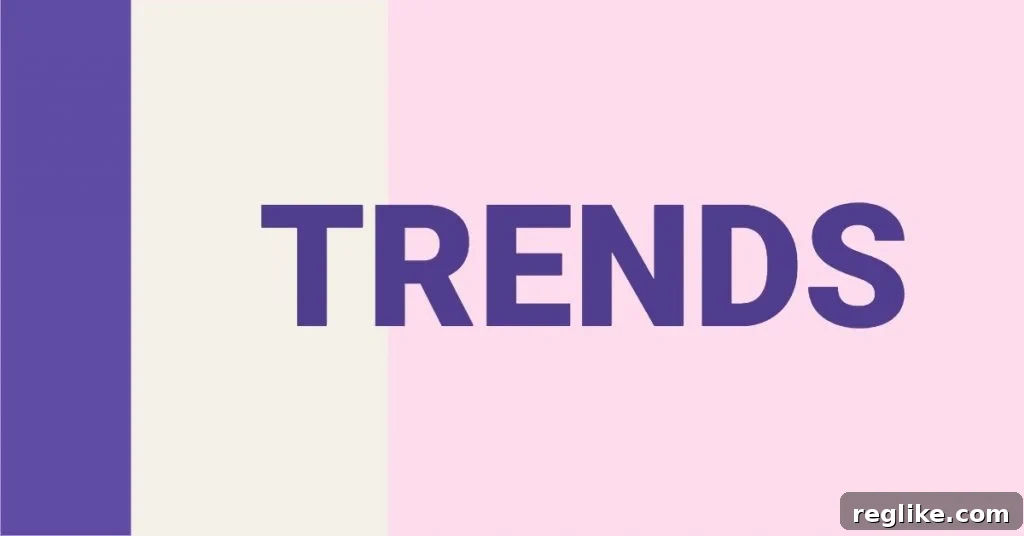 The word "trends" in purple on a background with purple, cream and pink