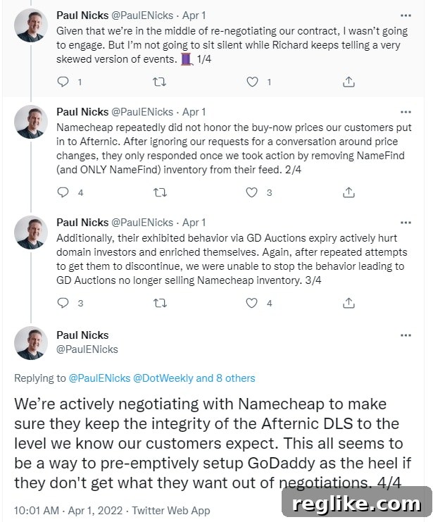 Namecheap and GoDaddy Vie for Domain Aftermarket 3 Twitter conversation between Paul Nicks of GoDaddy and Richard Kikendall of Namecheap
