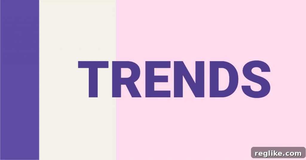 The word "trends" in purple on a background with purple, cream and pink