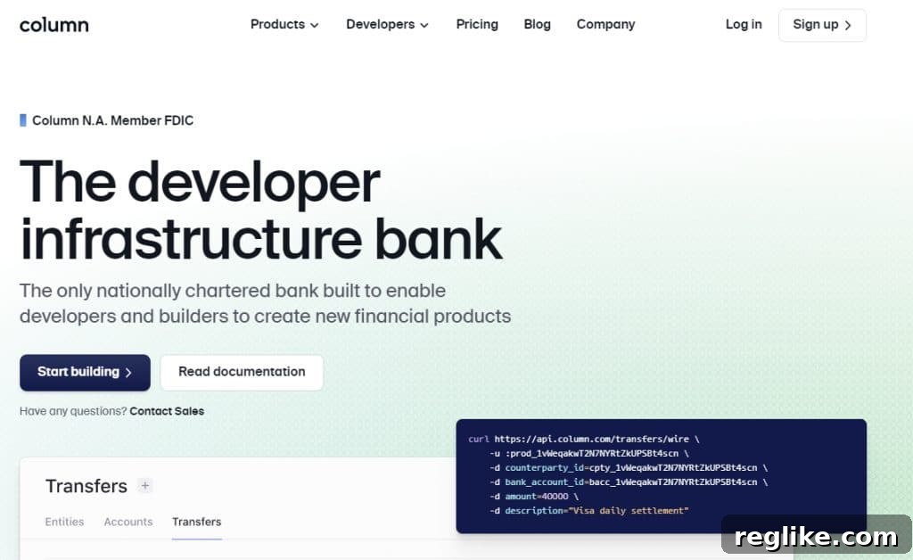 Column.com Acquired: Column Gears Up for Launch 2 Screenshot of column.com that says "The developer infrastructure bank"
