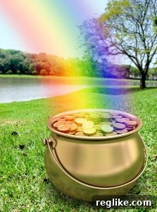 A Golden Domain: Woman's Unexpected Inheritance 2 A pot of gold at the end of a rainbow, with a lake and trees in the background
