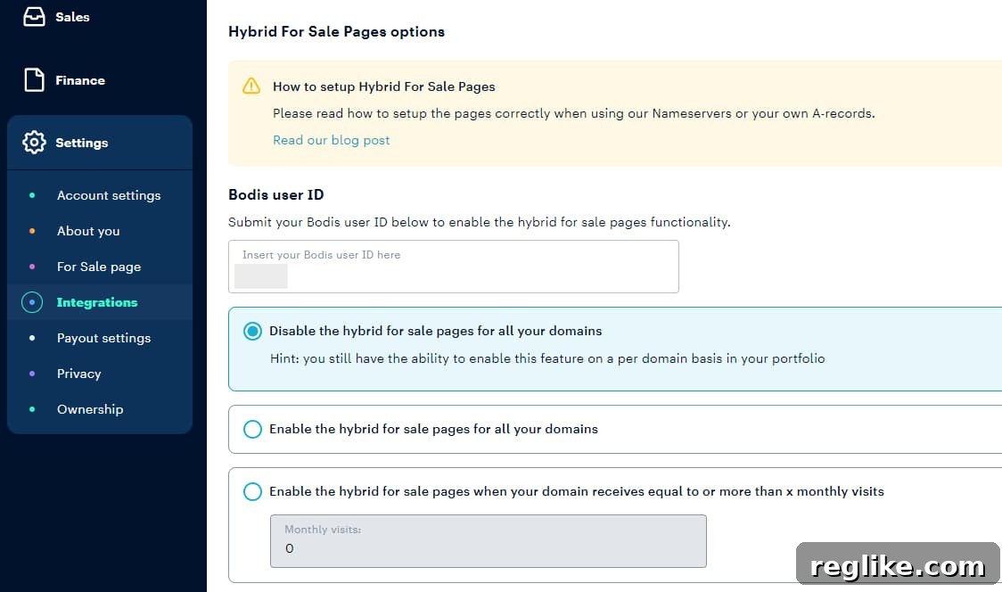 Unlock Maximum Profit with Bodis Dan Integration 3 Screenshot of Dan.com account dashboard showing where to add Bodis.com username and select options for when to show pay-per-click ads on hybrid 'For Sale' pages.