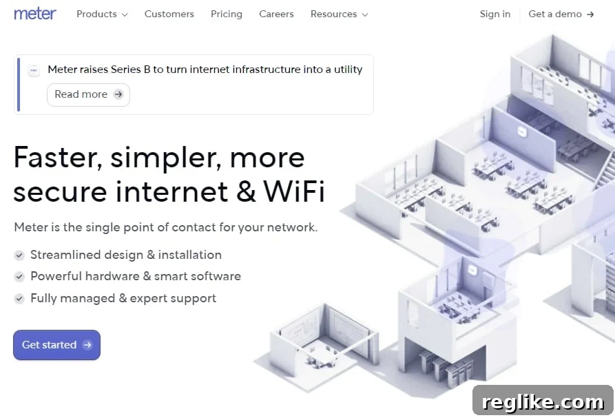 Meter's homepage showcasing better WiFi for offices