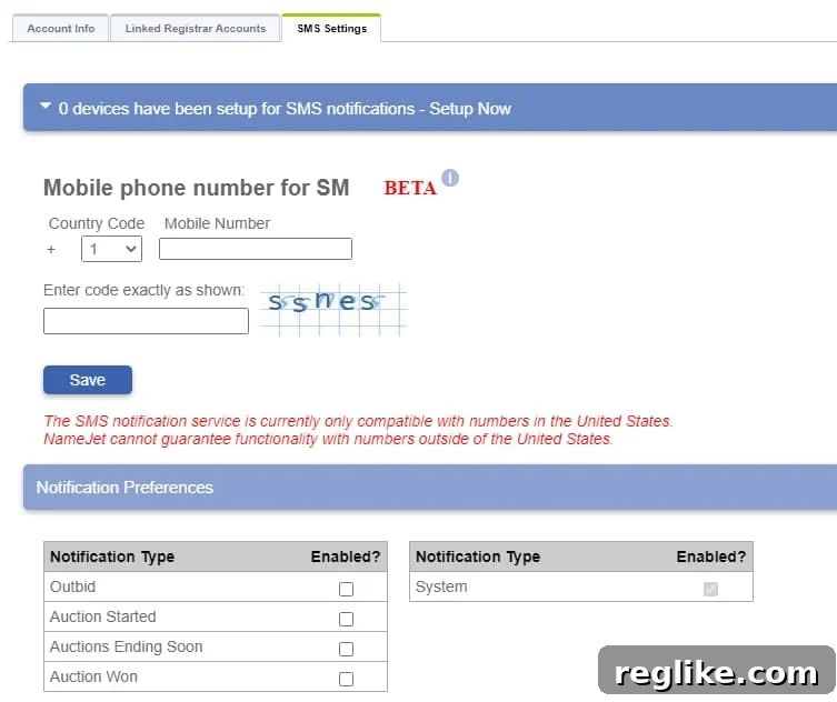 NameJet launches SMS alerts for auctions 2 NameJet management screen for setting up SMS alerts, showing options for real-time notifications for domain auctions.