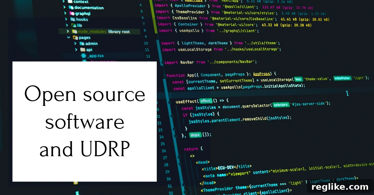 Open Source Software and UDRP: Navigating Domain Disputes 2 Lines of code with the words "Open source software and UDRP" superimposed on top