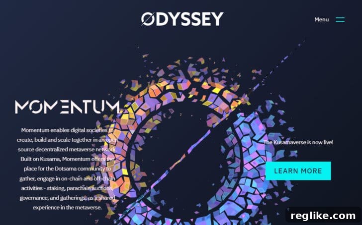 Five-Figure Success: 18 Developed .XYZ Domains Sold This Year 2 Momentum.xyz home page showcasing its platform for metaverse societies, featuring a sleek design and decentralized concepts.