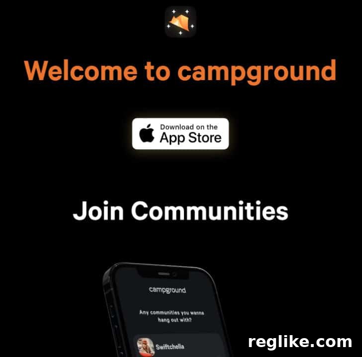 Five-Figure Success: 18 Developed .XYZ Domains Sold This Year 11 Campground.xyz homepage, welcoming users with the phrase 'Welcome to Campground' and showcasing its app for joining diverse music communities.