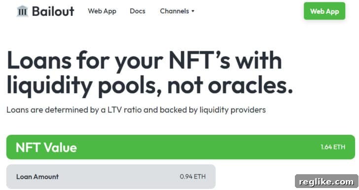 Five-Figure Success: 18 Developed .XYZ Domains Sold This Year 13 Bailout.xyz homepage, prominently featuring the tagline 'Loans for your NFTs with liquidity pools, not oracles' to describe its innovative lending model.