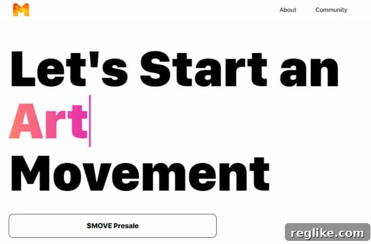 Five-Figure Success: 18 Developed .XYZ Domains Sold This Year 4 Move.xyz homepage, featuring the inspiring slogan 'Let's start an art movement' and an inviting design.