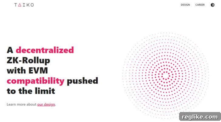 Five-Figure Success: 18 Developed .XYZ Domains Sold This Year 6 Taiko.xyz homepage, featuring the technical description 'A decentralized ZK-Rollup with EVM compatibility pushed to the limit' against a clean background.