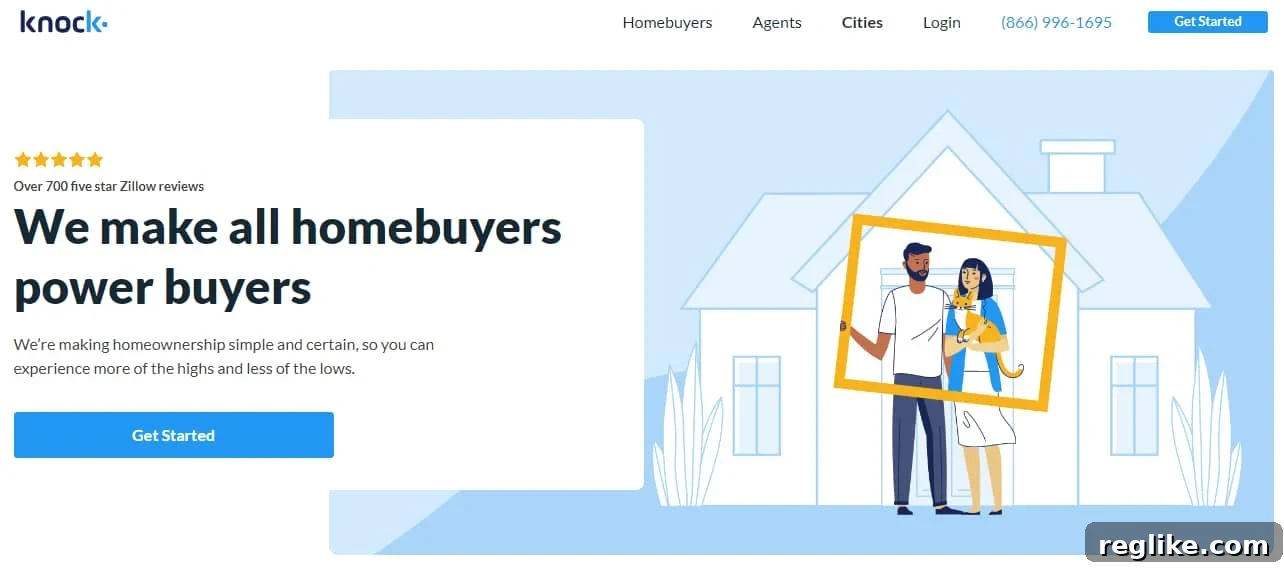 Knock Secures $220 Million Investment 2 Knock.com homepage featuring a happy couple with a cat in front of a graphical house, alongside the slogan 'We make all homebuyers power buyers'. The generic domain allows for strategic business pivots.