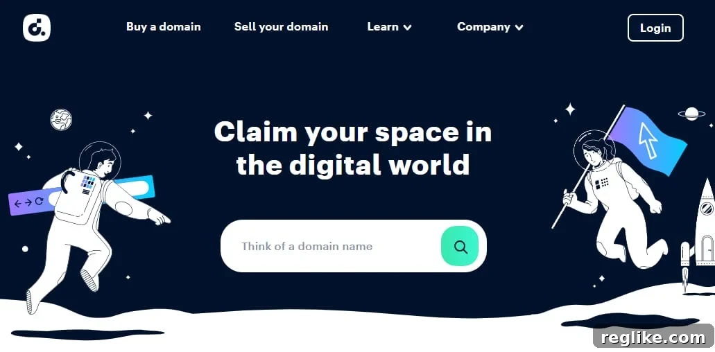 GoDaddy Snaps Up Dan.com 2 Screenshot of dan.com home page with 'Claim your space in the digital world' in white letters on a blue background that has two astronauts, symbolizing digital exploration and domain acquisition.